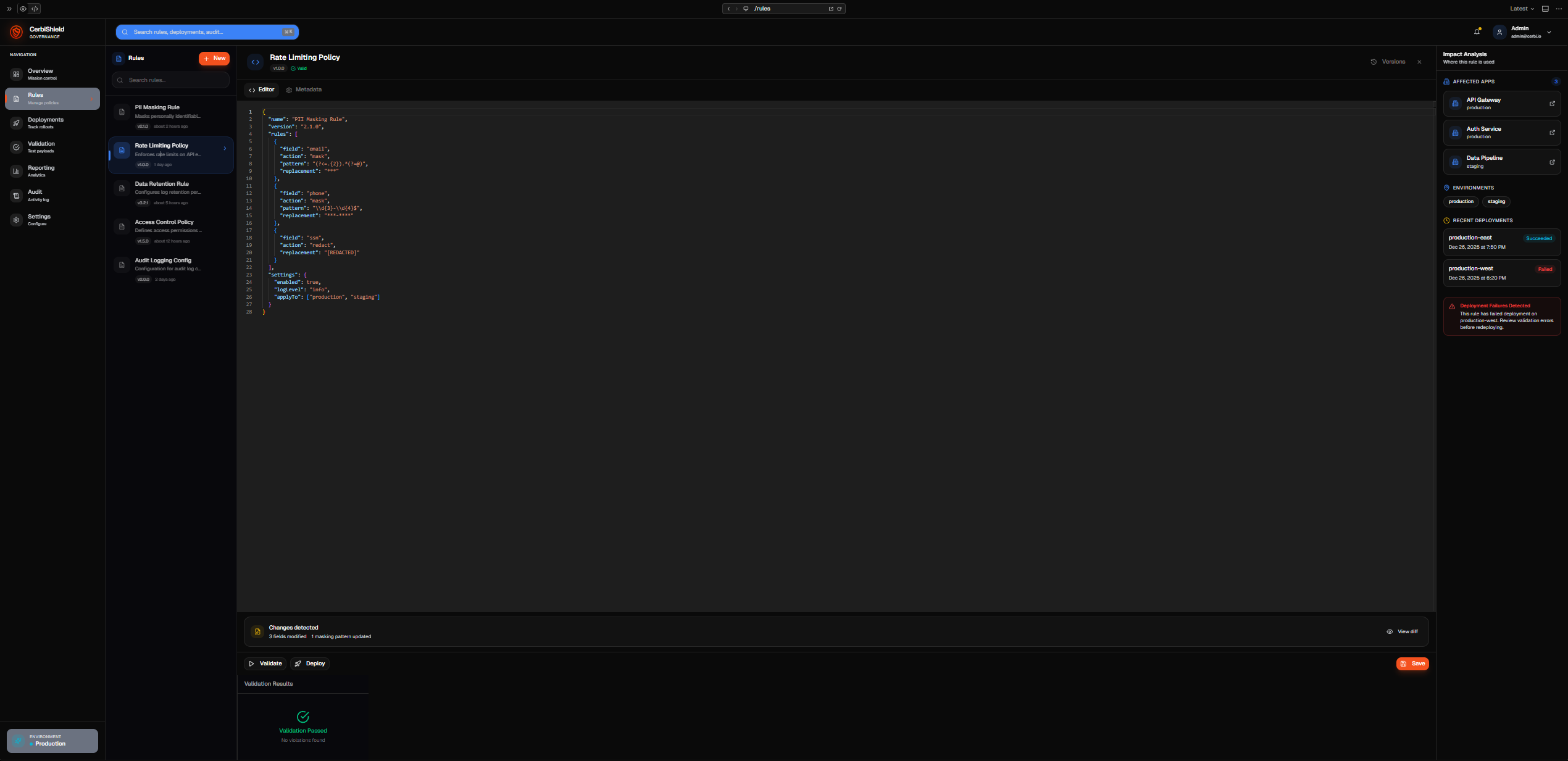 Rules and policy editor for configuring governance standards