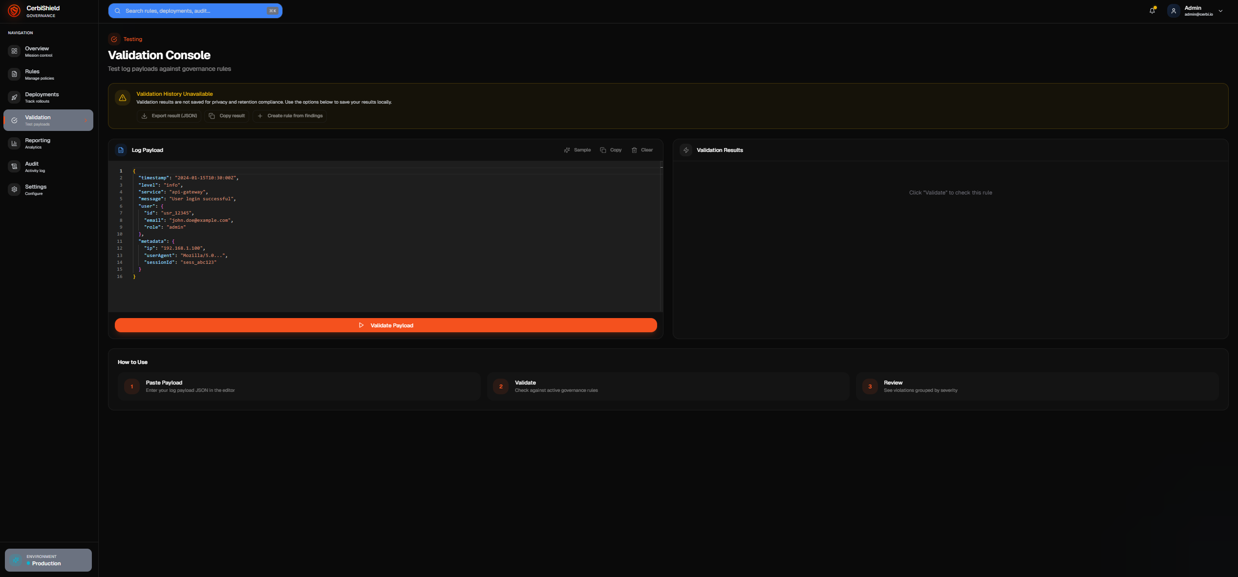 Validation dashboard with PII results, schema checks, and outcome details